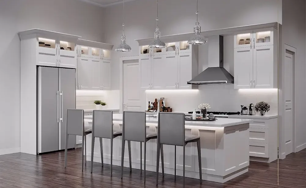 Galley kitchen makeover with new cabinetry and LED underlighting