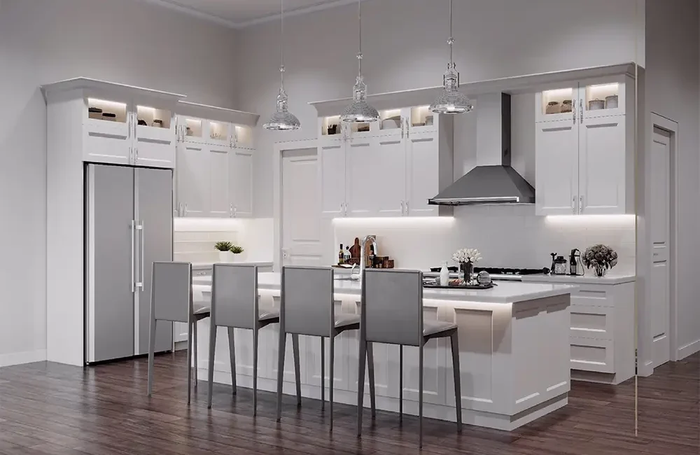 Galley kitchen makeover with new cabinetry and LED underlighting