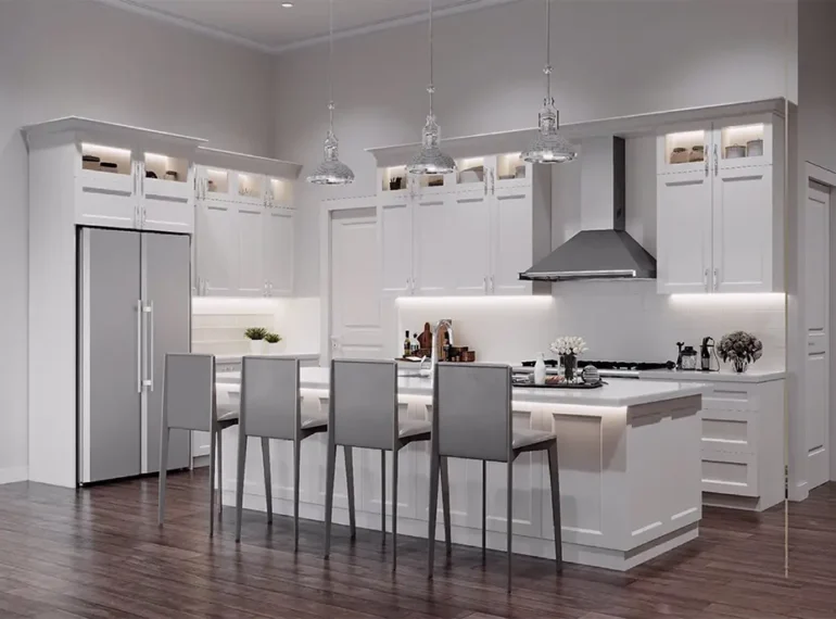 Galley kitchen makeover with new cabinetry and LED underlighting