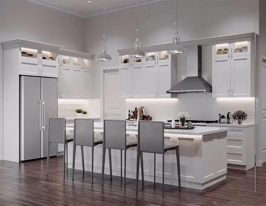 Galley kitchen makeover with new cabinetry and LED underlighting