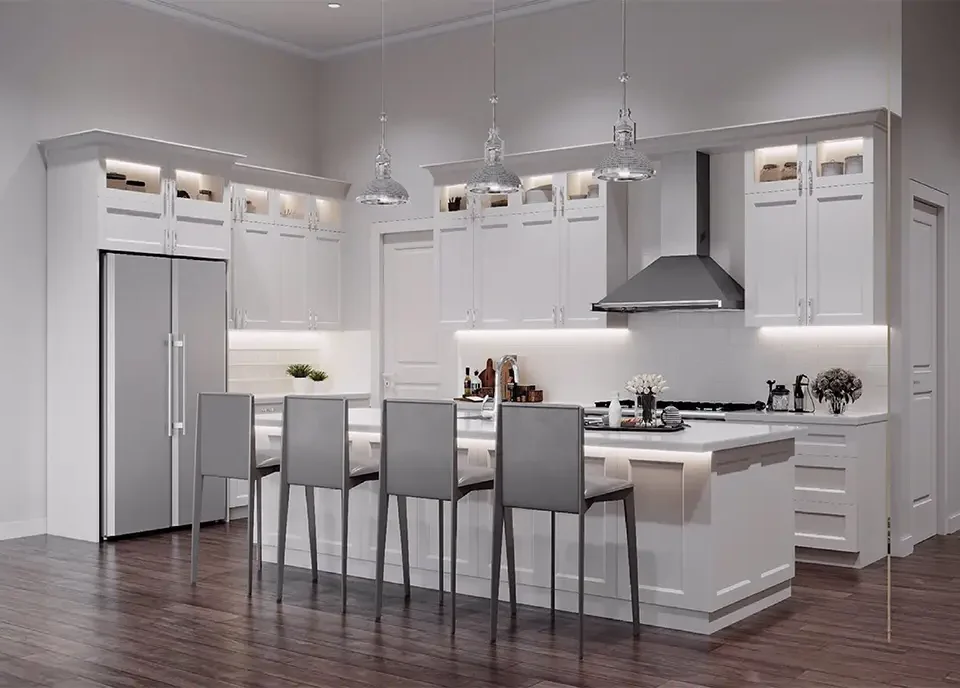 Galley kitchen makeover with new cabinetry and LED underlighting