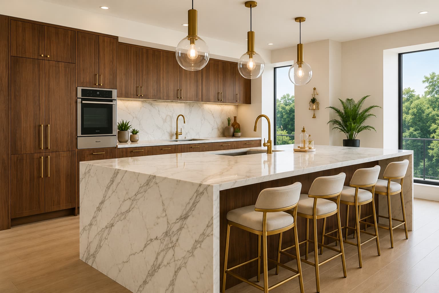 South Tampa kitchen remodel — walnut cabinets with marble waterfall island and brass pendants