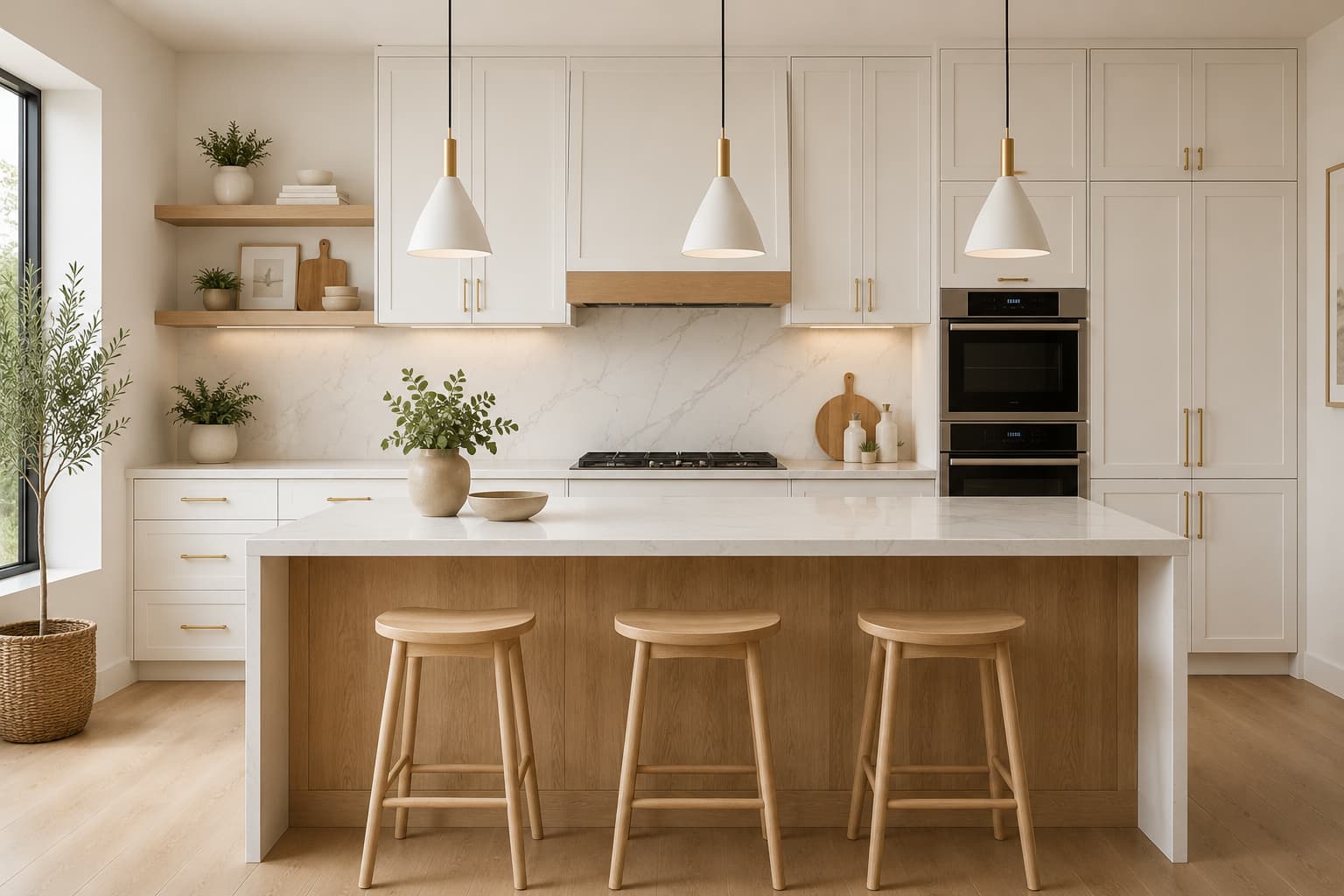 Carrollwood modern kitchen — minimalist white cabinets with light oak accents
