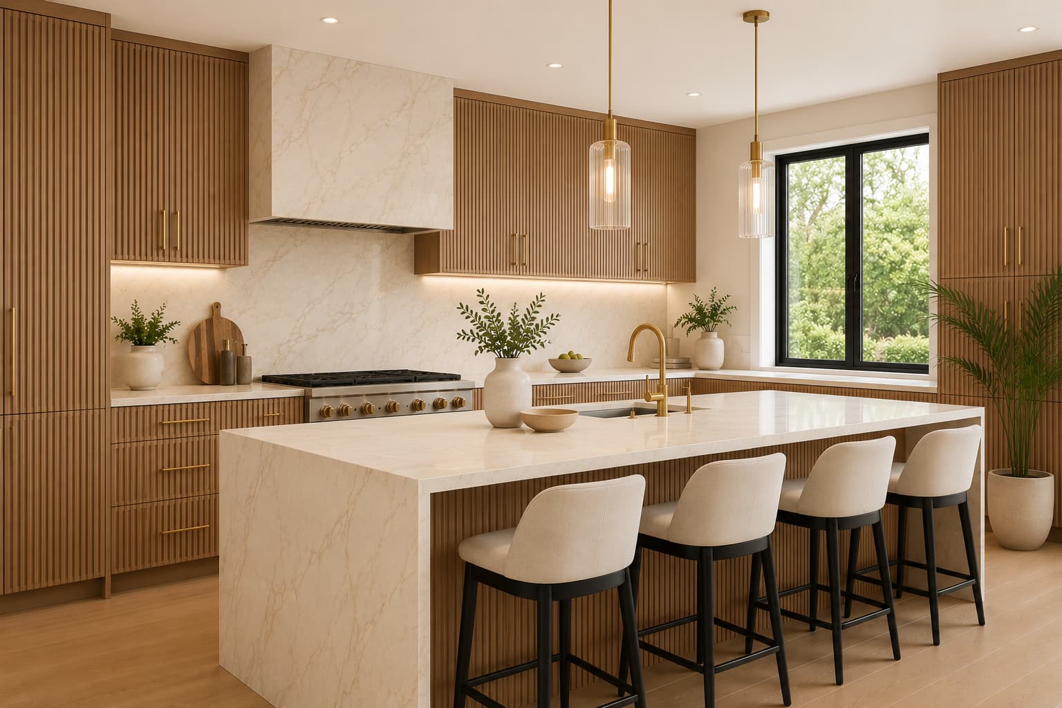Hyde Park luxury kitchen — fluted wood cabinets with cream marble