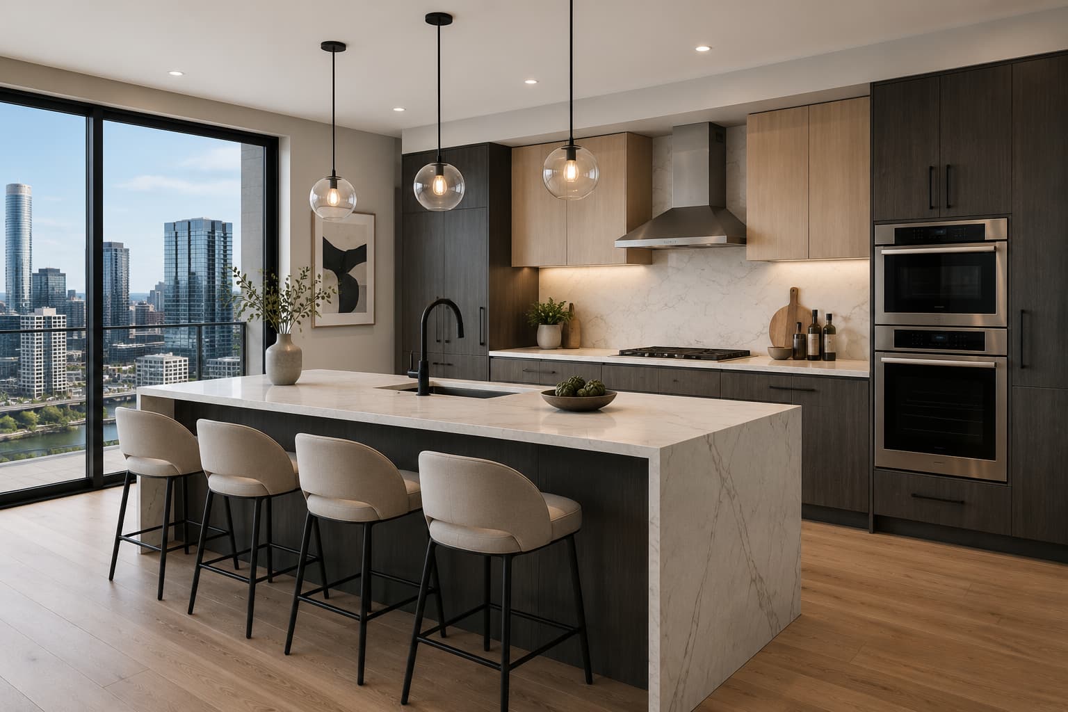 Downtown Tampa modern condo kitchen with skyline view