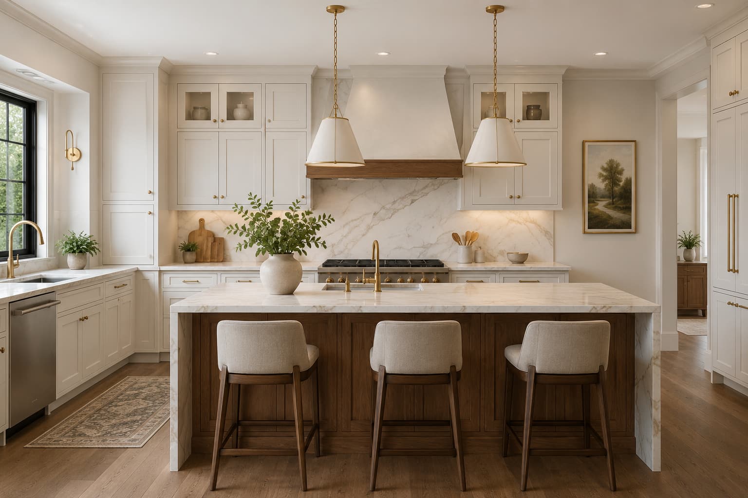 Wesley Chapel transitional kitchen — two-tone white and walnut with marble waterfall