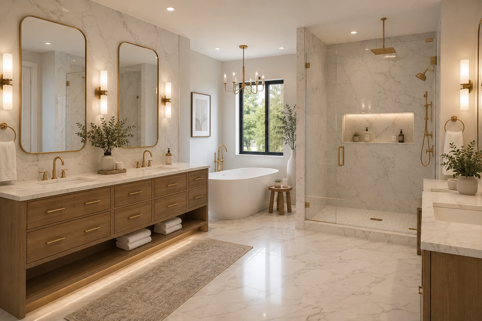 Tampa master bathroom remodel — marble walls, freestanding tub, double vanity, walk-in shower